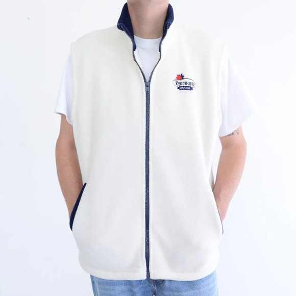 90S Teepee Blue And White Embroidered Vancouver Canada Zip Up Fleece Vest Medium - Picture 1 of 9
